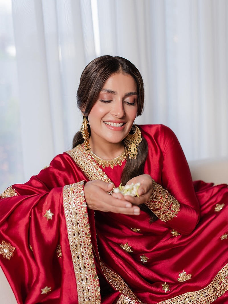 Gul-e-Lal Crimson Raw Silk Kurta Set with Intricate Zardozi & Mirror Work Cuffs